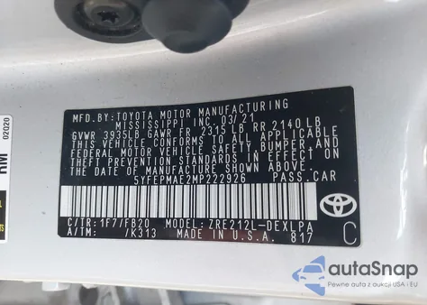 2021 Toyota Corolla Le z USA, uszkodzony, nr VIN 5YFEPMAE2MP222926